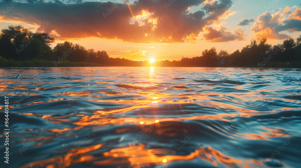 Fototapeta premium A sunset along the river coast. Smooth water at river.
