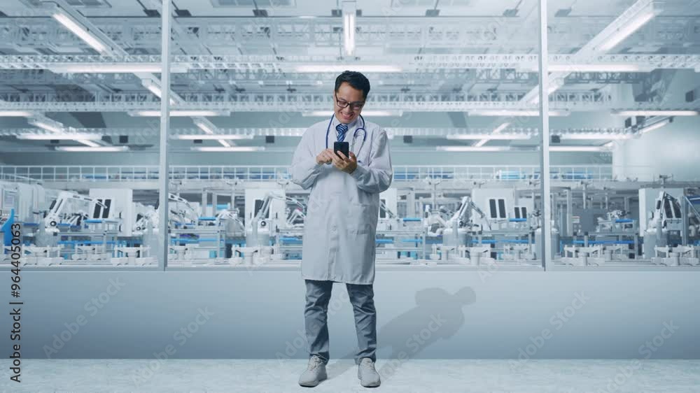Full Body Of Asian Male Doctor With Stethoscope Using Smartphone While Standing In Laboratory Full Body Of Asian Male Doctor With Stethoscope Using Smartphone While Standing In Laboratory