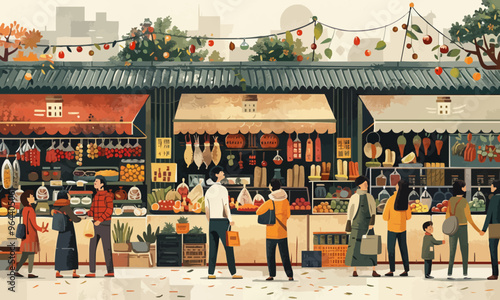 A flat vector of a busy marketplace.