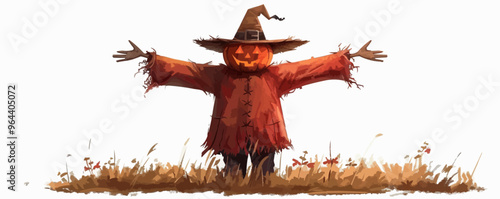 Scarecrow with a pumpkin head on a white background. Vector flat isolated.