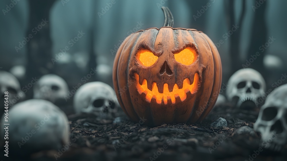 A spooky carved pumpkin glows ominously in a misty forest, surrounded by eerie skulls, perfect for Halloween-themed visuals. A spooky carved pumpkin glows ominously in a misty forest, surrounded by eerie skulls, perfect for Halloween-themed visuals.