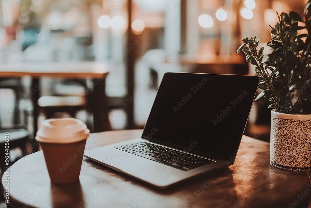 Freelancer working on a laptop in a cozy cafe, productive atmosphere, warm lighting, minimalist background with subtle decor. Freelancer working on a laptop in a cozy cafe, productive atmosphere, warm lighting, minimalist background with subtle decor.