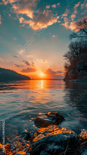 A sunset along the river coast. Smooth water at river.