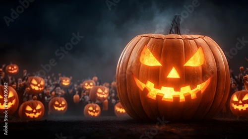 A spooky Halloween scene featuring a large, glowing jack-o'-lantern surrounded by smaller pumpkins in a misty backdrop.