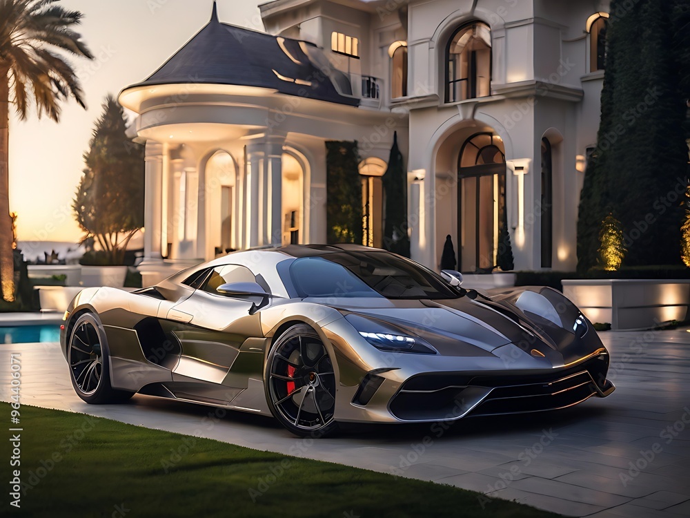 Luxury supercar parked in front of a modern mansion, with sleek, reflective paint and sharp, aerodynamic lines. Luxury supercar parked in front of a modern mansion, with sleek, reflective paint and sharp, aerodynamic lines.