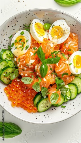 Captivating macro photography of gourmet salmon salad with avocado, cucumber, and red caviar