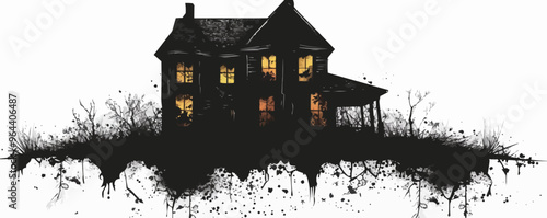 Haunted house silhouette with broken windows on a white background. Vector flat