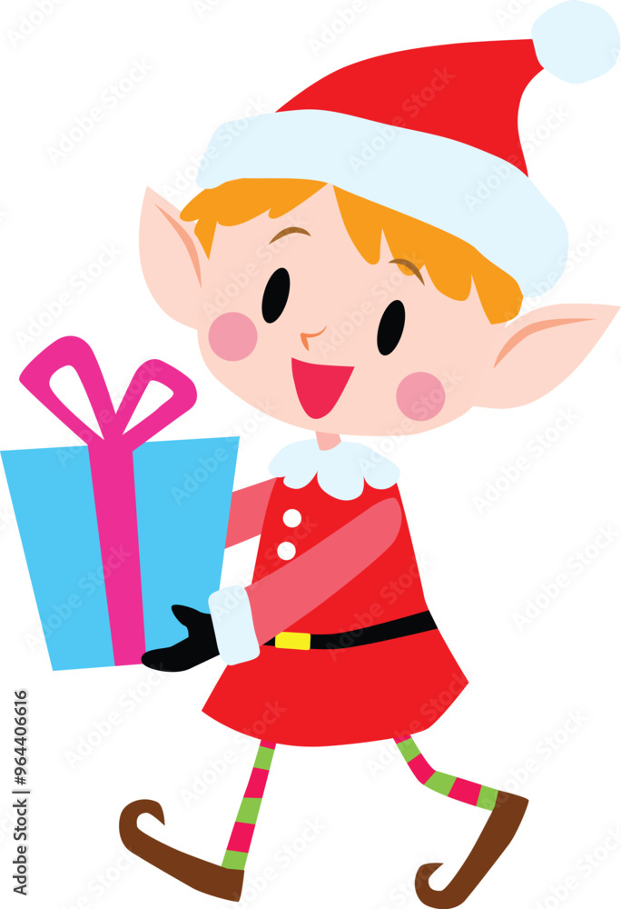 An elf wearing red costume holding a present. Christmas. Cute, simple, flat. Vector Illustraiton An elf wearing red costume holding a present. Christmas. Cute, simple, flat. Vector Illustraiton
