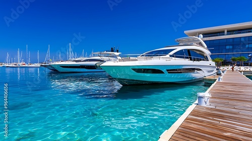 A sleek yacht rests in crystal-clear marina waters, framed by the blue sky and pristine surroundings.