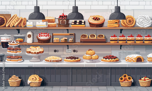 A flat vector of a bakery with pastries.
