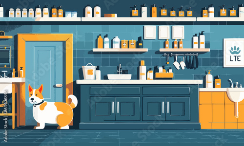 A flat vector of a dog grooming salon.