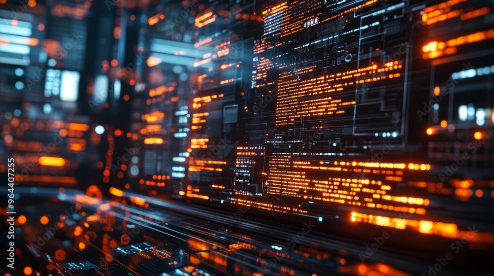 Close up of glowing lines of code on a screen, displaying data. Close up of glowing lines of code on a screen, displaying data.