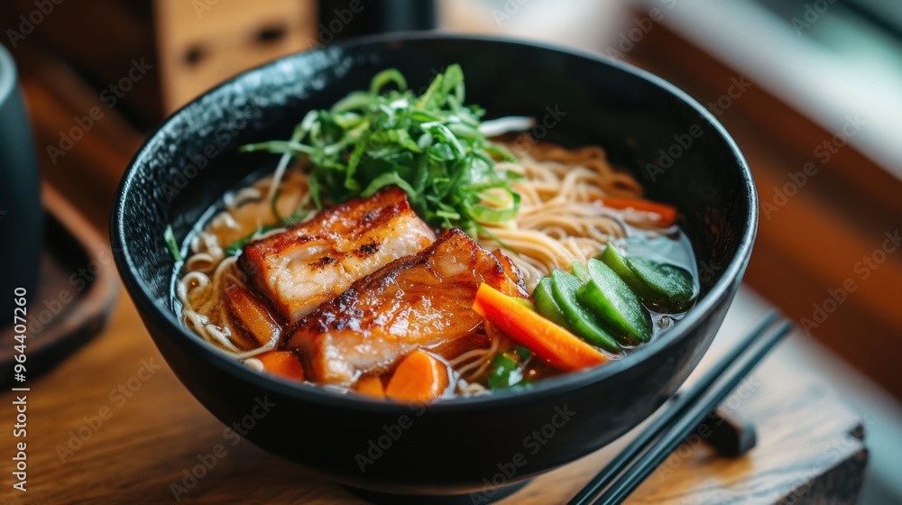 Warm noodle soup with succulent pork ribs and vegetables in a black bowl on a wooden table, showcasing a comforting meal. Warm noodle soup with succulent pork ribs and vegetables in a black bowl on a wooden table, showcasing a comforting meal.