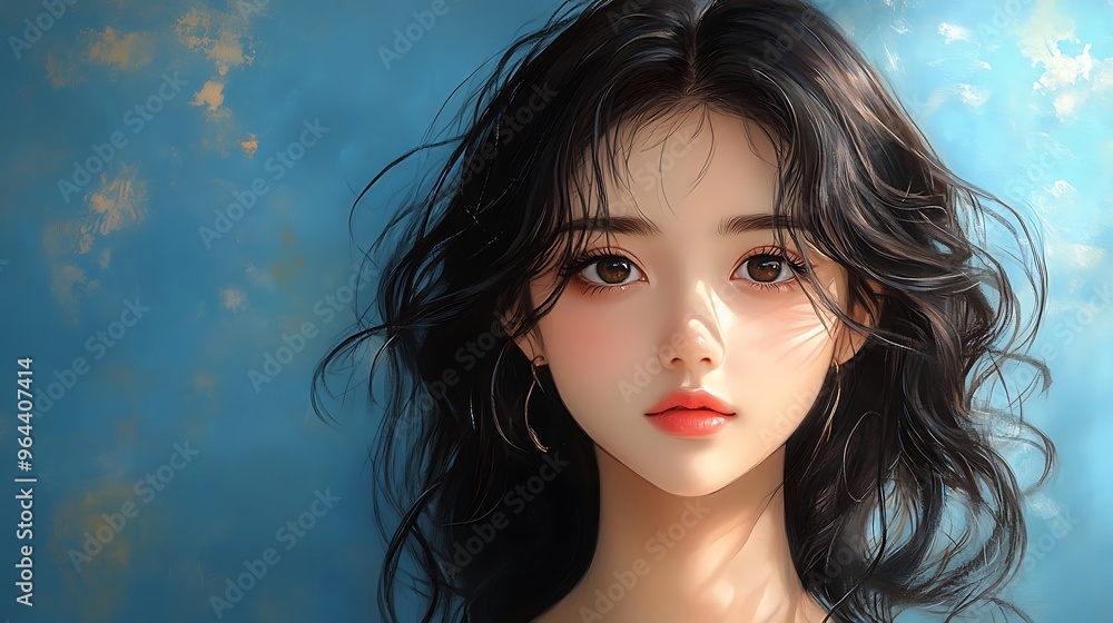 Portrait of a young woman with long black hair, against a blue background with light streaks. Portrait of a young woman with long black hair, against a blue background with light streaks.