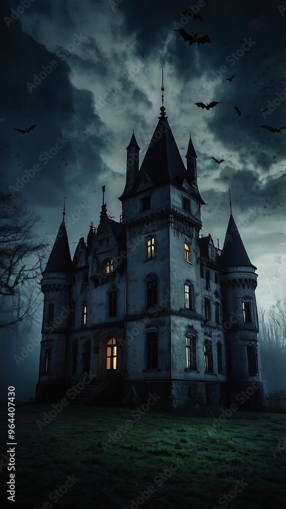 Halloween castle scenery with full moon in majestic night sky and highly detailed natural environment landscape. Halloween background. Horror scene for Halloween Halloween castle scenery with full moon in majestic night sky and highly detailed natural environment landscape. Halloween background. Horror scene for Halloween