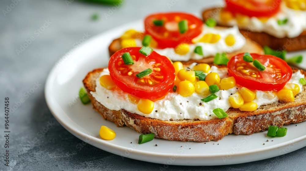 Rye sandwiches with ricotta on a plate. Rye sandwiches with ricotta on a plate.