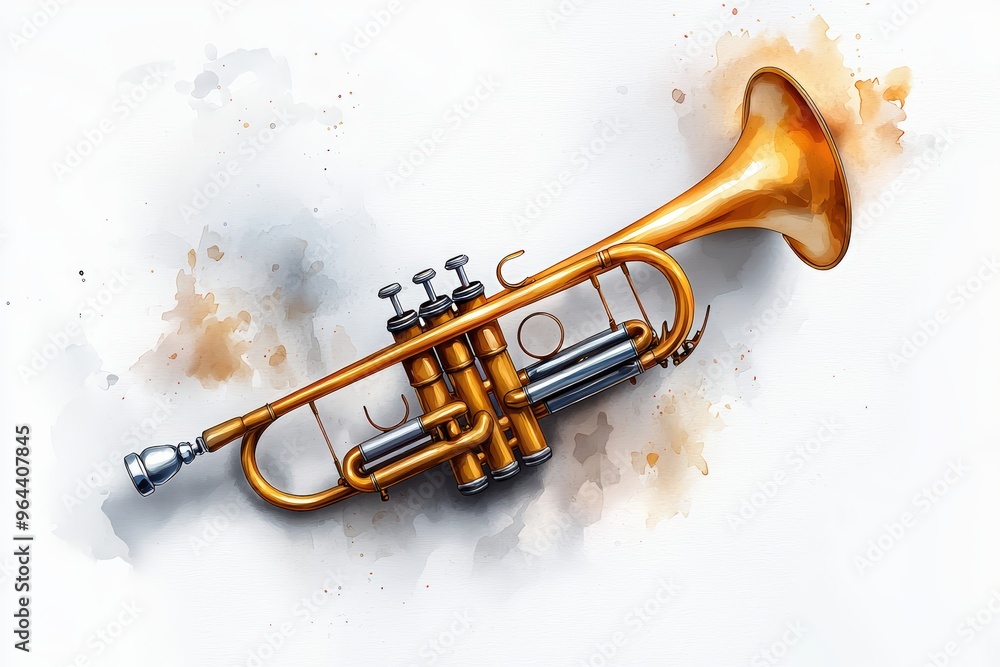 A beautifully crafted trumpet with a shiny golden finish, surrounded by artistic splashes of color, perfect for music themes. A beautifully crafted trumpet with a shiny golden finish, surrounded by artistic splashes of color, perfect for music themes.