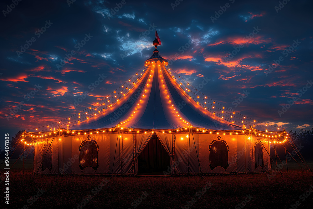 Fototapeta premium Circus tent with glowing lights at sunset.