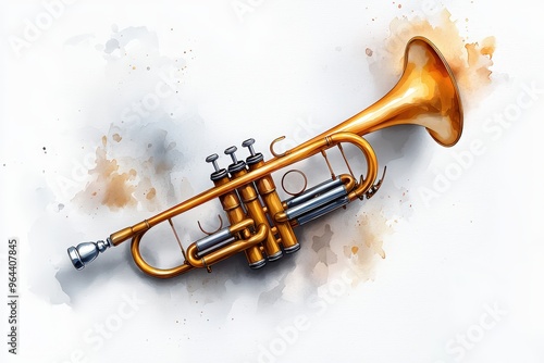 A beautifully crafted trumpet with a shiny golden finish, surrounded by artistic splashes of color, perfect for music themes. photo