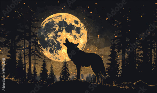 A silhouette vector of a wolf howling at the moon.