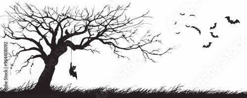 Spooky tree with a bat hanging on a white background. Vector flat isolated.