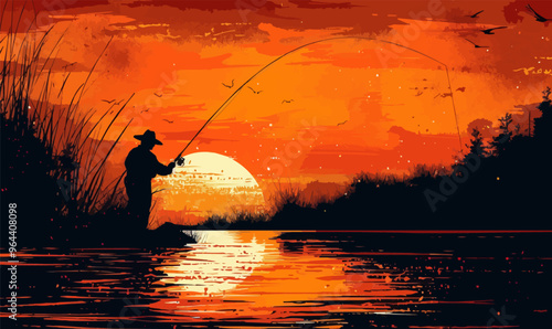 A silhouette vector of a person fishing.