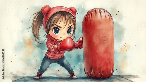 Little Girl Boxer Training with Punching Bag. photo