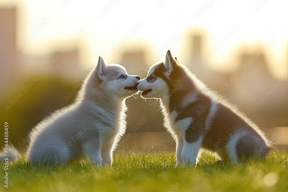 Playful puppies interacting in a grassy park, joyful expressions, natural sunlight, blurred cityscape in the background. Playful puppies interacting in a grassy park, joyful expressions, natural sunlight, blurred cityscape in the background.