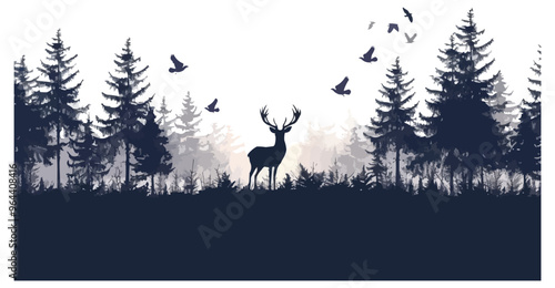 Silhouette vector of a forest with deer and birds.