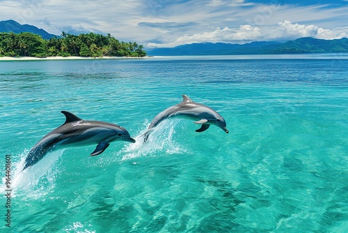 Dolphins playing in crystal-clear ocean waters, leaping out of water, energetic movement, tropical islands in the distance.