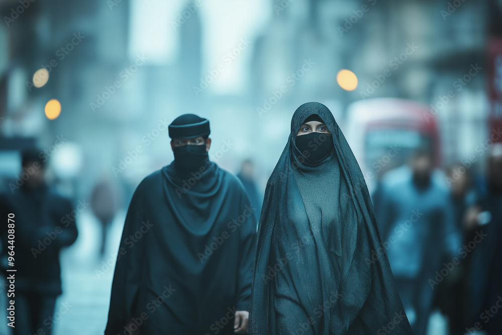 Muslim refugees in Great Britain, Muslim woman in niqab, in burqa in European country, generative AI