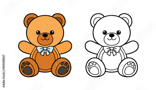 A cheerful teddy bear illustration in silhouette flat design logo sitting and smiling. This cute single line toy simple outline cartoon style icon vector isolated on a transparent background for kids