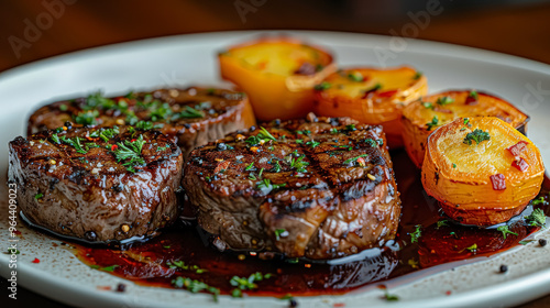 A plate of meat and vegetables with a sauce on top. The plate is white and the food is brown