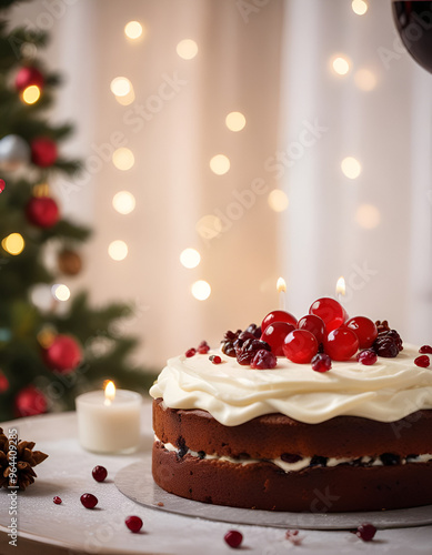 a christmas cake with cream and cranberries, a glass of red wine, and a christmas tree with lightss in the background photo