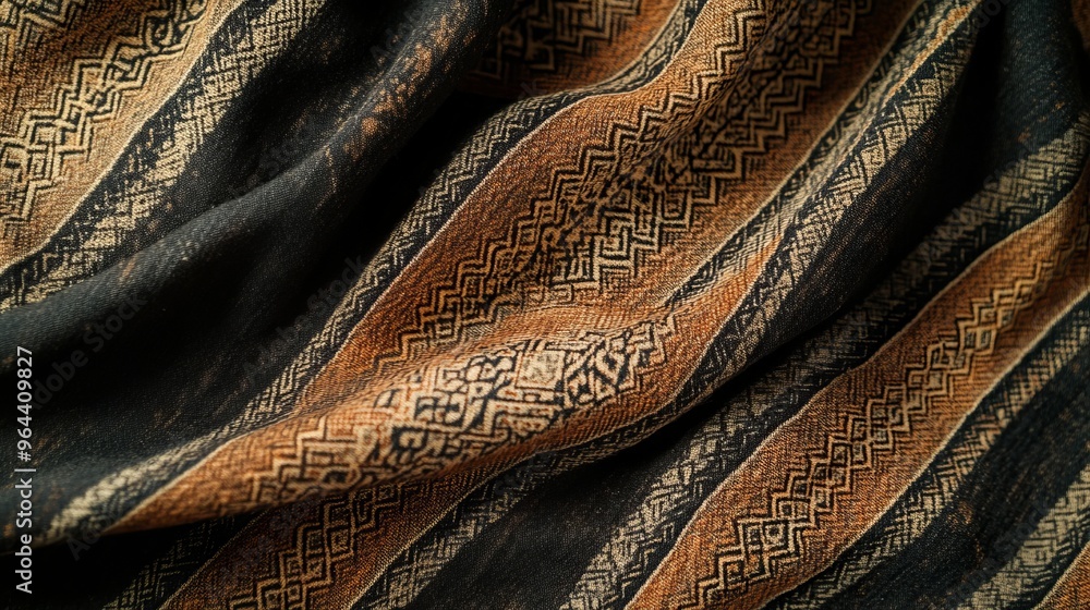 Close-up of black, beige, and brown patterned fabric with geometric designs. Close-up of black, beige, and brown patterned fabric with geometric designs.