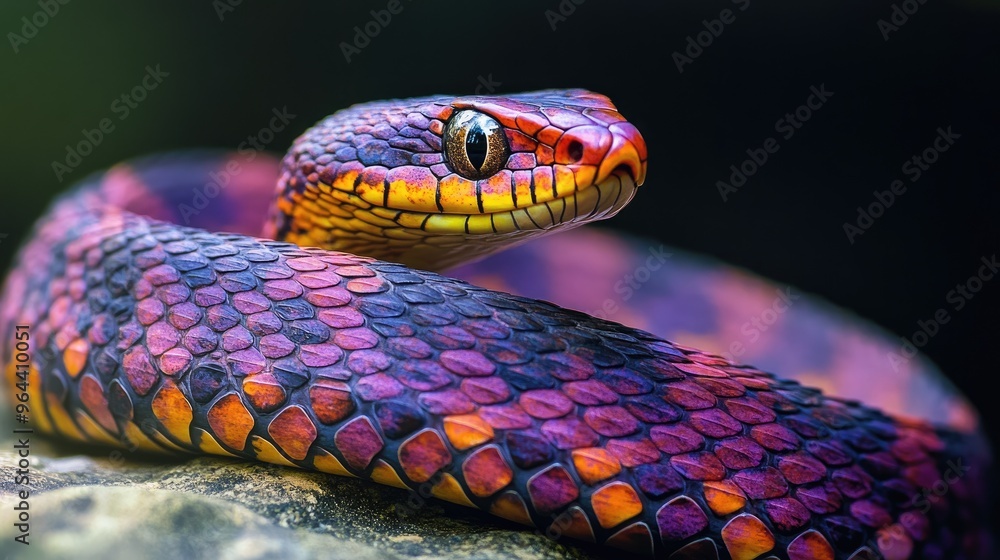 Fototapeta premium A vibrant snake coiled on a rock, its sharp eyes staring ahead, reflecting its predatory nature.
