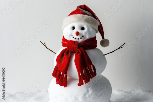 Charming Snowman Decorated with Red Scarf and Santa Hat Against Pristine White Background photo