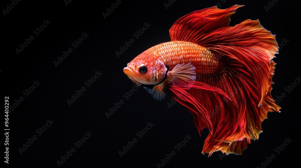 Fototapeta premium Stunning decorative piece featuring elegant ruby red and sunny gold betta fish with intricate gilded shimmer over deep black canvas, large wall hanging for elegant hall. Realistic photograph,