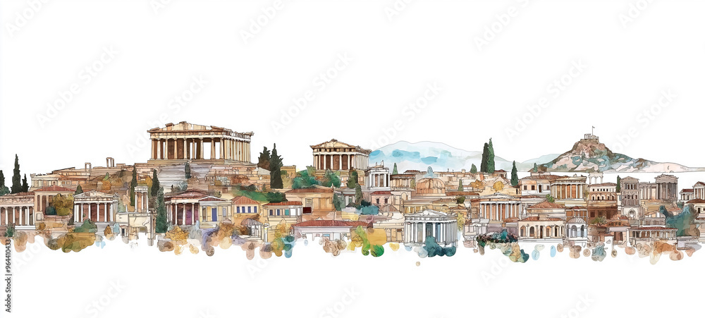Fototapeta premium Watercolor Painting of Athens Greece City Skyline on white background 