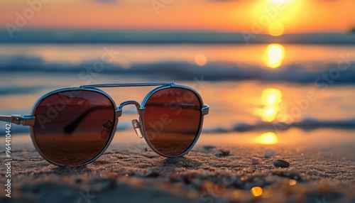 Wallpaper Mural Stylish sunglasses resting on the beach at sunset, capturing the warm glow of the sun and the serene beauty of the ocean in the background Torontodigital.ca