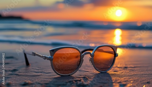 Wallpaper Mural Stylish sunglasses resting on the beach at sunset, capturing the warm glow of the sun and the serene beauty of the ocean in the background Torontodigital.ca