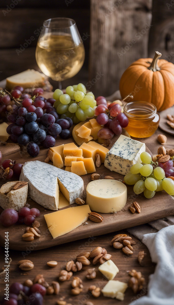 A rustic cheese platter with a variety of cheeses, grapes, nuts, honey, and a glass of white wine on a wooden table, accompanied by a small pumpkin. A rustic cheese platter with a variety of cheeses, grapes, nuts, honey, and a glass of white wine on a wooden table, accompanied by a small pumpkin.