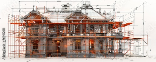 Wallpaper Mural Architectural blueprint design drawing of a house in 3D with scaffolding. Torontodigital.ca