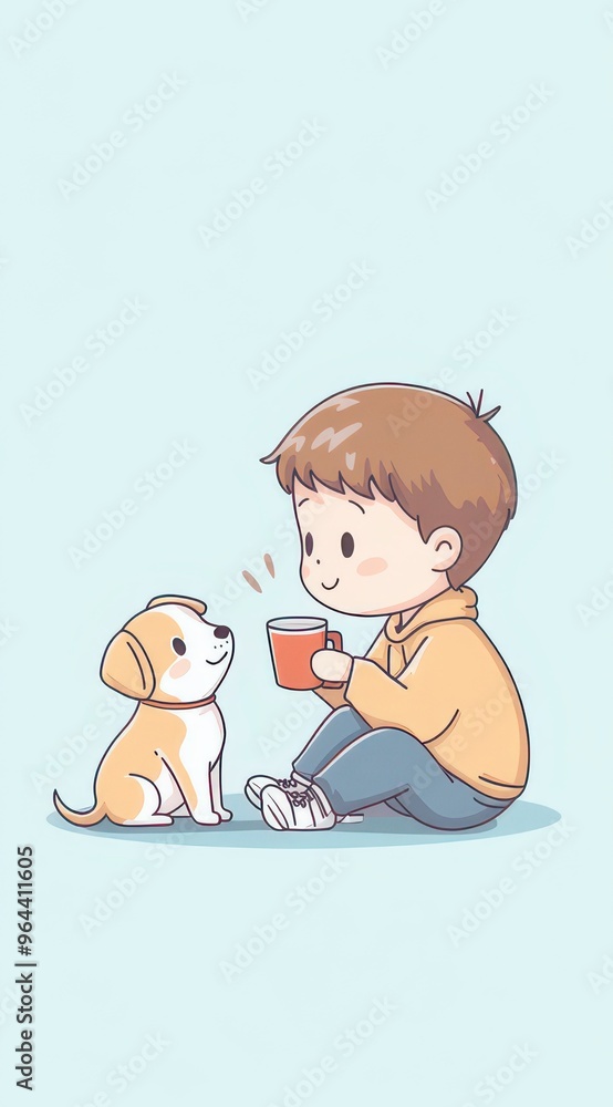 illustration in anime style drawing of a boy with dog sharing a moment. illustration in anime style drawing of a boy with dog sharing a moment.