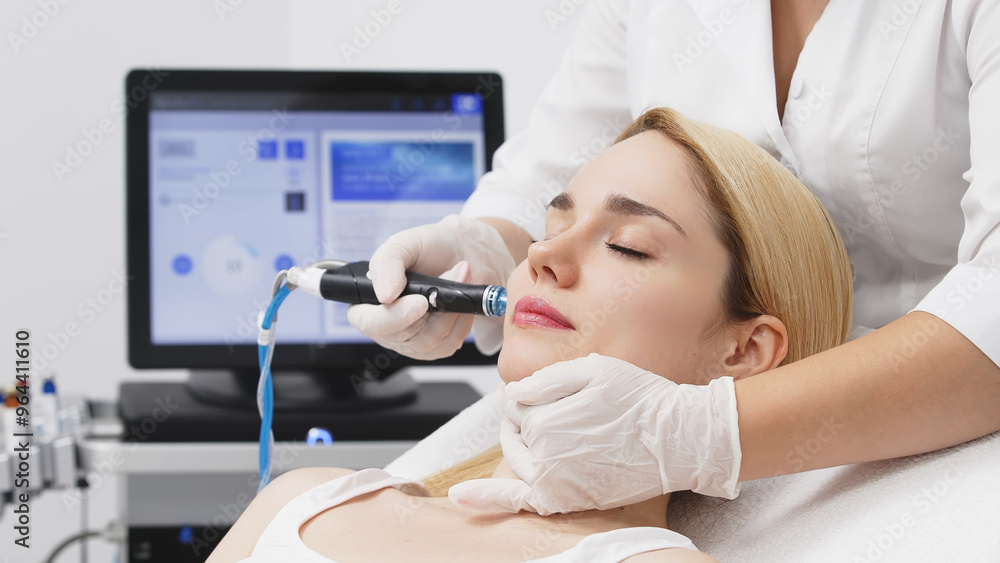 A professional performs a hydropeeling facial treatment on a woman in a modern clinic, focusing on deep skin cleansing and rejuvenation. Perfect for showcasing advanced skincare techniques. A professional performs a hydropeeling facial treatment on a woman in a modern clinic, focusing on deep skin cleansing and rejuvenation. Perfect for showcasing advanced skincare techniques.