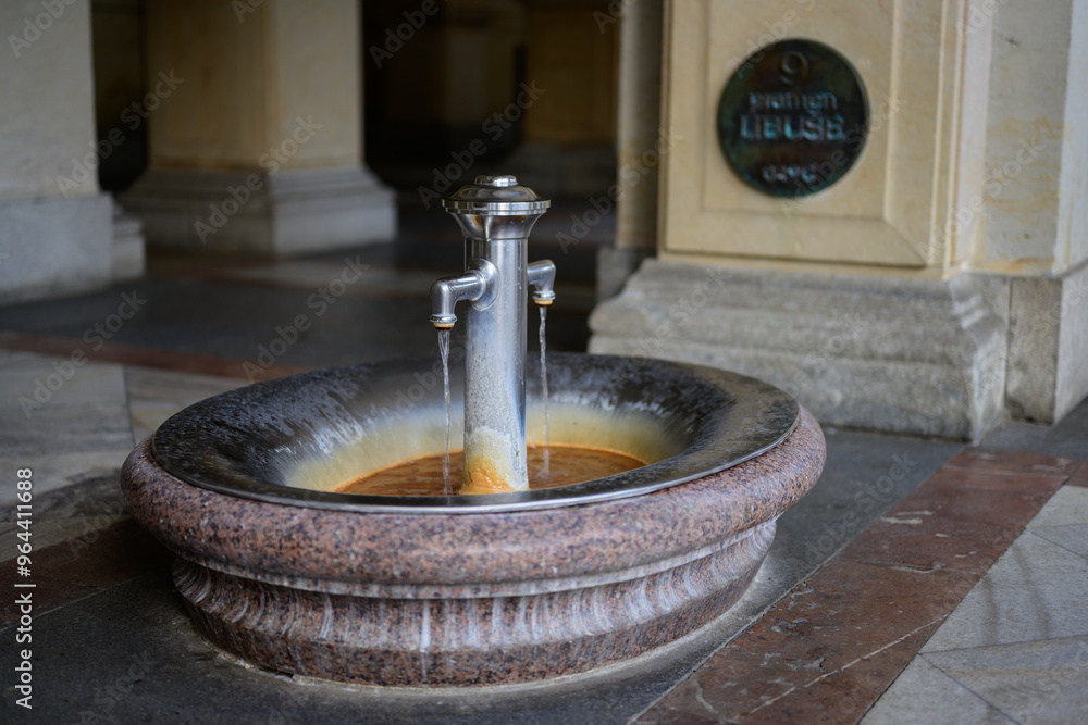 Libuse Pramen Hot Spring with Mineral Water in the Mill Colonnade or Mlynska Kolonada in Karlovy Vary, Carlsbad, Czech Republic Libuse Pramen Hot Spring with Mineral Water in the Mill Colonnade or Mlynska Kolonada in Karlovy Vary, Carlsbad, Czech Republic