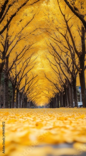 A peaceful autumn scene with a road covered in golden leaves.