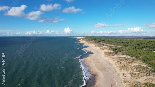 Aerial view of the village of Soulac-sur-Mer, nestled in Gironde along the Atlantic coast. This picturesque village embodies the iconic charm of the Médoc region.
