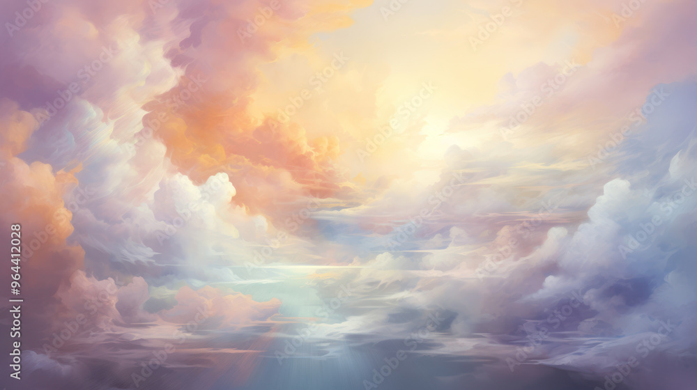 Ethereal Cloudscape Background. Beautiful skyscape with the sunlight. The sky is filled with fluffy clouds in shades of pink, purple, and blue. Tranquil and picturesque scene. Warm glow.