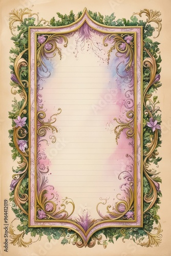 a framed poster with a floral frame and a gold floral pattern.